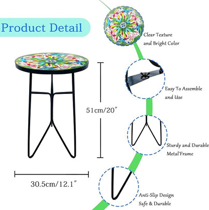 Mosaic Hummingbird Outdoor Side Tea Table, Glass Plant Tables Indoor Decorative Metal Patio Table, Valentine's Day Outdoor Tables Unique Furniture-Weather-Resistant Patio Valentine's Day Decor