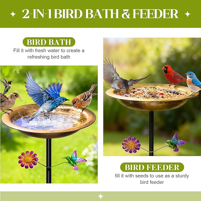 Bird Bath for Outdoors,Metal Freestanding Garden Bird Feeder with Decorative Hummingbird & Flower Accent,Vintage Antique Bronze Bowl for Yard,Lawn & Patio Decor(31.5 Inch H-Stake)