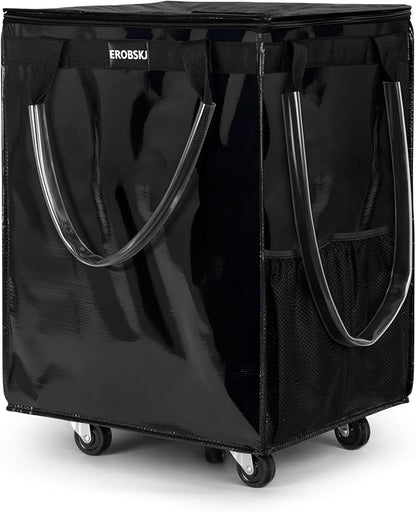 (Large,Black) Reusable Grocery Bag on Wheels, Foldable Rolling Tote, Carries Up to 76 lbs Shopping Trolley, Zipper Clouser Shopping Carts for Trips, Laundry, 5 Heavy Duty Wheels and 3 Handles
