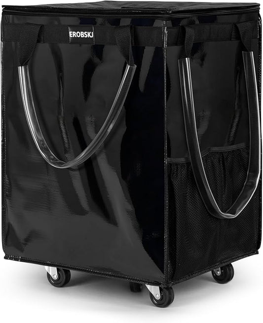 (Large,Black) Reusable Grocery Bag on Wheels, Foldable Rolling Tote, Carries Up to 76 lbs Shopping Trolley, Zipper Clouser Shopping Carts for Trips, Laundry, 5 Heavy Duty Wheels and 3 Handles
