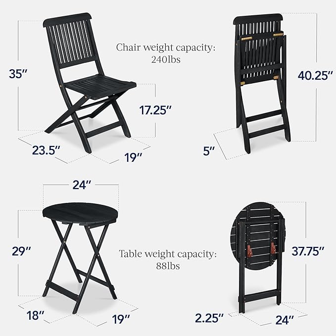 Best Choice Products 3-Piece Acacia Wood Bistro Set, Folding Patio Furniture for Backyard, Balcony, Deck w/ 2 Chairs, Round Coffee Table, Teak Finish - Charcoal