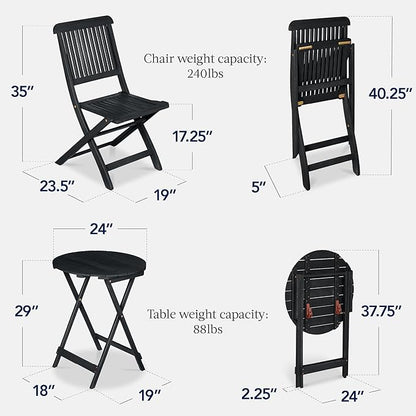 Best Choice Products 3-Piece Acacia Wood Bistro Set, Folding Patio Furniture for Backyard, Balcony, Deck w/ 2 Chairs, Round Coffee Table, Teak Finish - Charcoal
