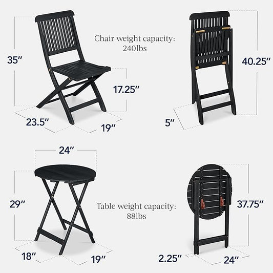 Best Choice Products 3-Piece Acacia Wood Bistro Set, Folding Patio Furniture for Backyard, Balcony, Deck w/ 2 Chairs, Round Coffee Table, Teak Finish - Charcoal