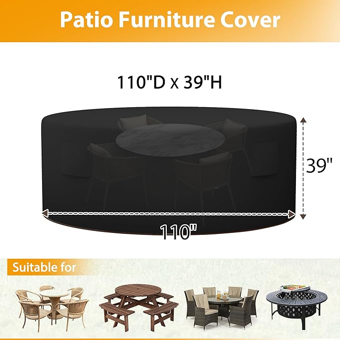 HDCAXKJ Round Patio Table Cover Waterproof Outdoor Dining Table and Chair Set Cover Heavy Duty Round Protector with Zipper Anti-Fading Cover for Outdoor Furniture (Black, 110"DIA x 39"H)