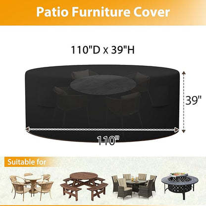 HDCAXKJ Round Patio Table Cover Waterproof Outdoor Dining Table and Chair Set Cover Heavy Duty Round Protector with Zipper Anti-Fading Cover for Outdoor Furniture (Black, 110"DIA x 39"H)