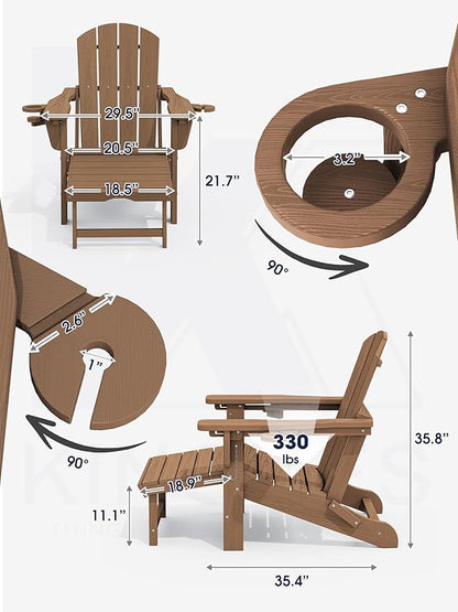 KINGYES Folding Adjustable Adirondack Chair with Ottoman & 2 Cup Holders Set of 2, HDEP Multifunctional Adirondack Chair with Footrest, Brown