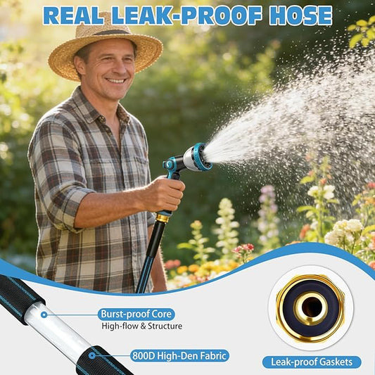 Halfjuly Garden Hose 100FT, Flat Non-Expandable Lightweight Water Hose, Durable Flexible Heavy Duty No Kink Design with 3/4" Fittings, 10 Way Spray Nozzle for Outdoor Yard Lawn