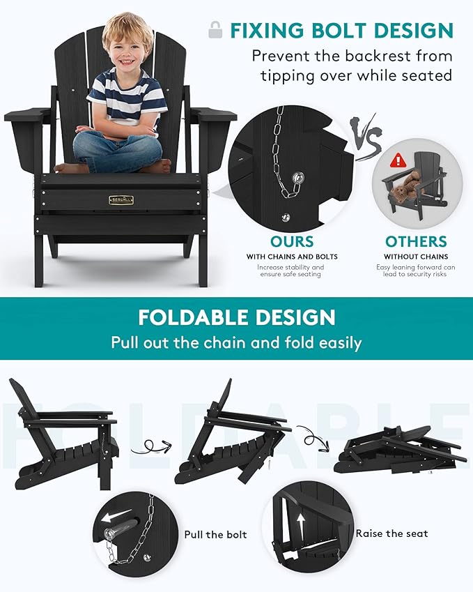 SERWALL Folding Adirondack Chairs Patio Chairs Lawn Chair Outdoor Weather Resistant for Patio Garden, Backyard Deck, Fire Pit - Black