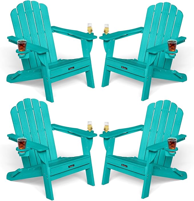 Adirondack Chairs Set of 4, Foldable Adirondack Chairs with 2 Cup Holder, Wood Texture HDPE Fire Pit Chairs, Outdoor Lawn Chair for Patio Garden, Lake Blue
