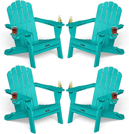 Adirondack Chairs Set of 4, Foldable Adirondack Chairs with 2 Cup Holder, Wood Texture HDPE Fire Pit Chairs, Outdoor Lawn Chair for Patio Garden, Lake Blue