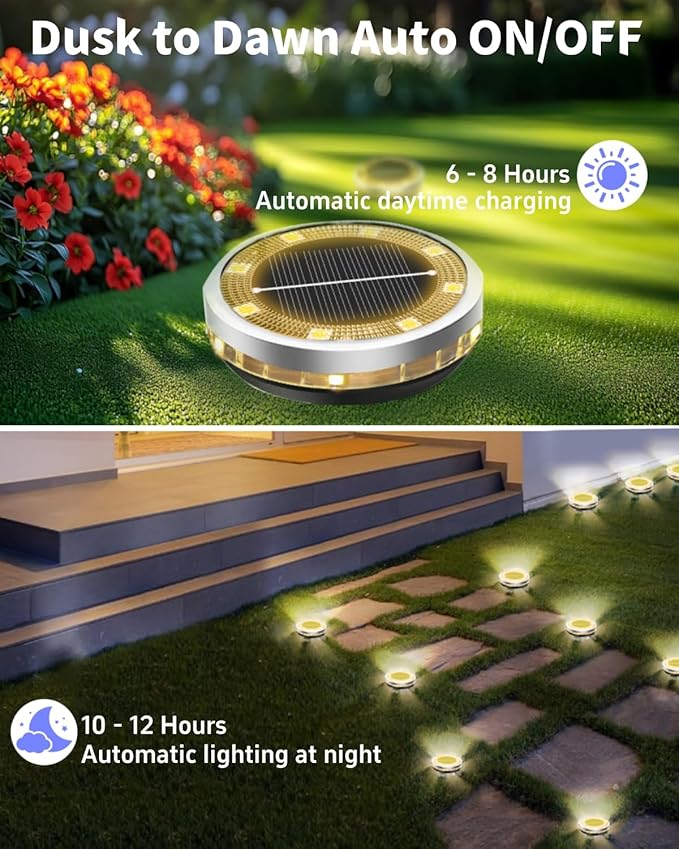 SenLuKit Solar Ground Lights Outdoor 18 Pack Waterproof, Upgraded Solar Garden Lights with 4 Side Light, Stainless Steel Solar Powered Disc Landscape Light for Walkway Lawn Yard Patio Deck-Warm White