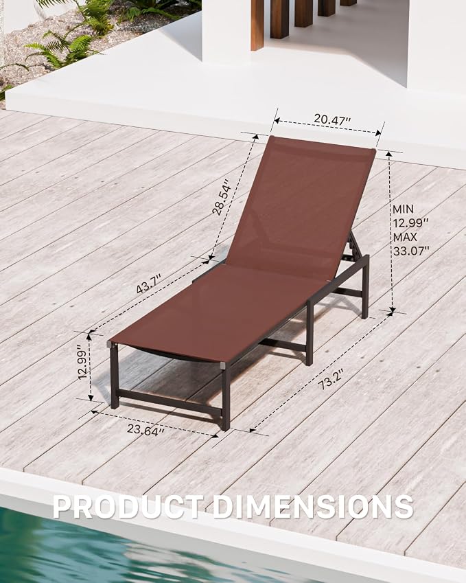 Patio Lounge Chair, Aluminum, 5 Adjustable Backrest, 1 PieceBrown | Lightweight rustproof aluminum.5 adjustable backrest positions.Breathable quick-dry fabric.For poolside,beach,lawn,backyard.
