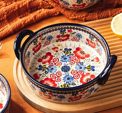 Vintage Flowers Style Ceramic Bakeware Casserole Dish Baking Pan Lasagna Pans Baking Dish with Handles for Oven/Cooking/Kitchen-1 PCS-Red Flowers-32 OZ