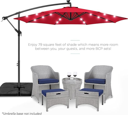 Best Choice Products 10ft Solar LED Offset Hanging Market Patio Umbrella for Backyard, Poolside, Lawn and Garden w/Easy Tilt Adjustment, Polyester Shade, 8 Ribs - Red