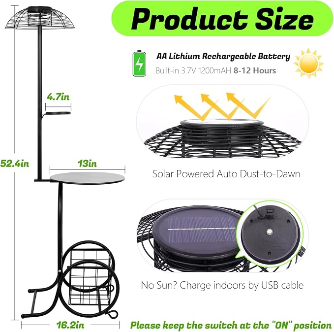 Solar Outdoor Side Table with Light, 52.5'' Waterproof Metal Patio End Table, Solar Powered Accent Table with Auto Light ON/OFF & USB Charging, Pefect for Porch Backyard Poolside Balcony, Black