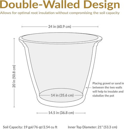 Sunnydaze 24-Inch Anjelica Large Plastic Pot for Plants - Double-Walled Outdoor Polyresin Round Planter Porch Pot with Drillable Drainage Holes - Sable