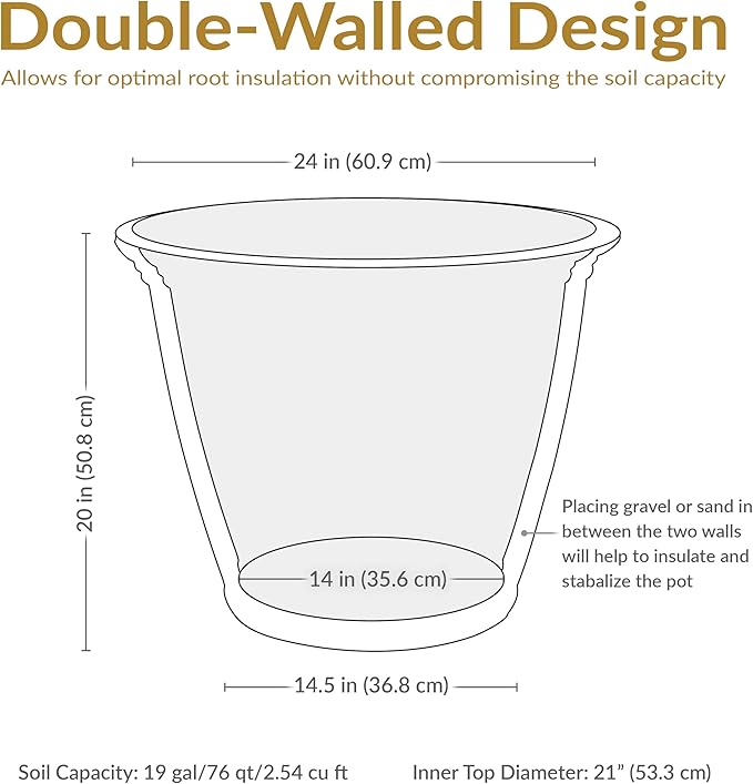 Sunnydaze 24-Inch Anjelica Large Plastic Pot for Plants - Double-Walled Outdoor Polyresin Round Planter Porch Pot with Drillable Drainage Holes - Sable - 4pk