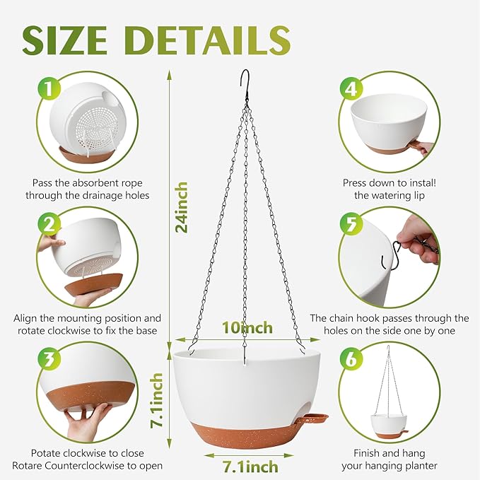 GARDIFE Hanging Planters for Indoor Outdoor Plants, 2 Pack Self Watering Hanging Pot with Drainage Holes & Removable Tray (White, 10 inch)