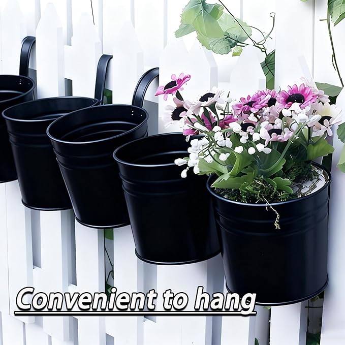 6 Pcs Hanging Flower Pots with Detachable Hooks,Metal Iron Bucket Planter for Railing,Fence,Balcony Garden Decor,6INCH,Black
