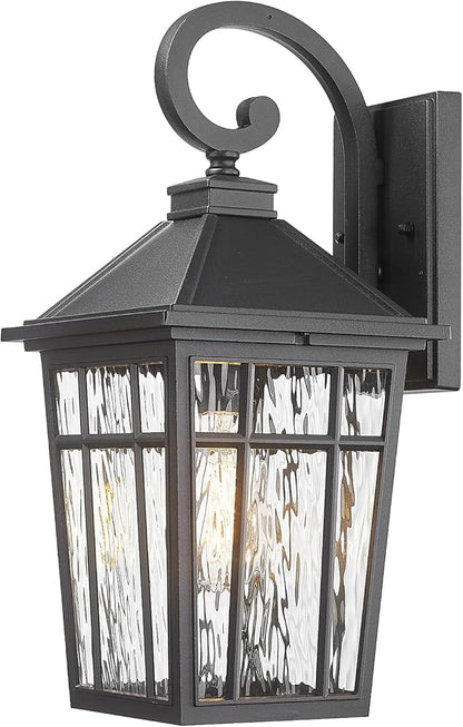 Outdoor Wall Lights 14 Inch Exterior Waterproof Lighting Fixtures Aluminum Material and Water Ripple Glass E26 Socket Black Outdoor Lights for House Garages