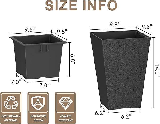 Kante 14 Inch Tall Planter Set of 2, Large Taper Planter for Outdoor Indoor Garden Patio Front Door (Black)