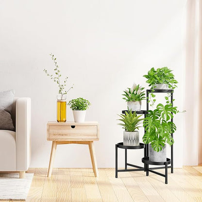 iDavosic.ly 4 Tier Large Plant Stand Indoor with 10 Inch Wide Tray, Tiered Corner Metal Outdoor Flower Display Holder Shelf, Folding Tall Rack for Patio Porch Living Room, Modern Black