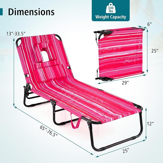 GYMAX Tanning Chair, 330lbs Beach Lounge Chair with Face Hole, Detachable Washable Pillow & Carry Strap, Adjustable Folding Lounger, Layout Chair for Outside, Patio, Poolside, Lawn (2, Hot Pink)
