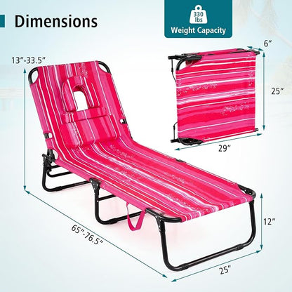 GYMAX Tanning Chair, 330lbs Beach Lounge Chair with Face Hole, Detachable Washable Pillow & Carry Strap, Adjustable Folding Lounger, Layout Chair for Outside, Patio, Poolside, Lawn (2, Hot Pink)