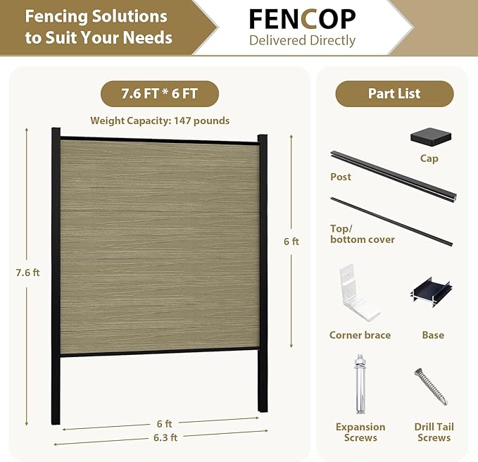 6ft W x 6ft H Outdoor Privacy Fence with Underground Sturdy Alloy Post, Tall Wind Resistant Fence Covering Privacy for Yard Backyard Garden and Swimming Pool(1 Post)