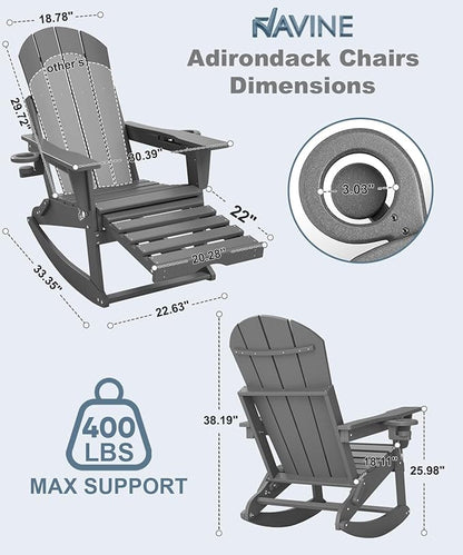 Adirondack Rocking Chairs Set of 2 with Retractable Ottoman, All Weather Folding Adirondack Chair with Two Cup Holders, Adirondack Outdoor Rocking Chairs for Porch, Patio, Balcony. Grey