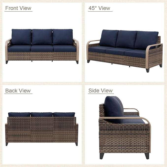 Modern Wicker Patio Furniture Set, Rattan Outdoor Conversation Set with Comfortable Cushions, 3 Seat Couch and 2 Ottomans, 3 Pieces, Brown/Blue