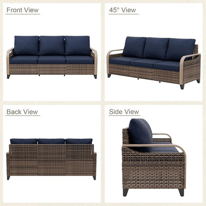 Modern Wicker Patio Furniture Set, Rattan Outdoor Conversation Set with Comfortable Cushions, 2 Patio Chairs, 3 Seat Couch and Coffee Table, 4 Pieces, Brown/Blue