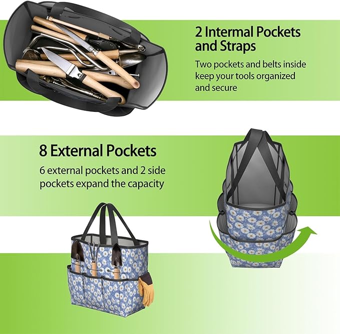 Daisy Flowers Garden Tool Bag - Waterproof Garden Tote with 8 Pockets, Large Storage Home Organizer Gardening Tool Oxford Bag for Garden Tools Kits Holder, Ideal Outdoor Gardening Gift for Women & Men