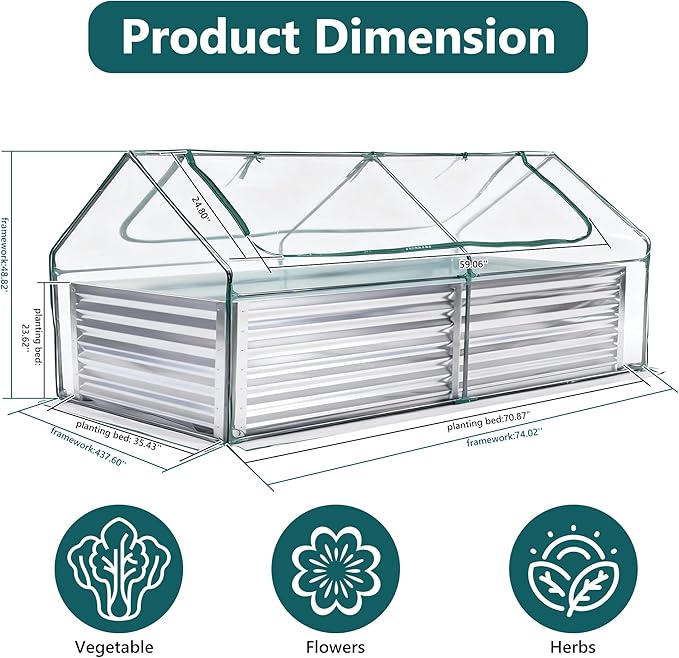 NEWBULIG 6x3x2ft Galvanized Raised Garden Bed with Greenhouse Cover, Outdoor Metal Planters Box for Planting Vegetables, Flowers & Herbs, Easy Assembly, Clear