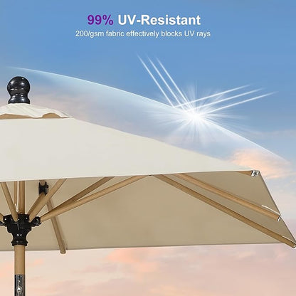 PURPLE LEAF 6.5' x 6.5' Square Patio Umbrella Market Umbrella Aluminum Outdoor Table Umbrella with Push Button Tilt & 8 Sturdy Ribs and Crank Commercial Sun Umbrella for Pool Backyard Deck, Beige
