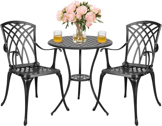 Polar Aurora 3 Piece Patio Bistro Set Cast Aluminum Bistro Table Set Outdoor Round Dining Table with Umbrella Hole for Porch, Lawn, Garden, Backyard, Pool,Black