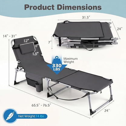 Giantex Set of 2 Tanning Chair, 5-Position Adjustable Beach Chair with Face & Arm Hole, Hand/Shoulder Strap, Removable Pillow, Side Pocket, Load 330 Lbs, Sunbathing Chairs, Lounge Chairs Outdoor, Grey