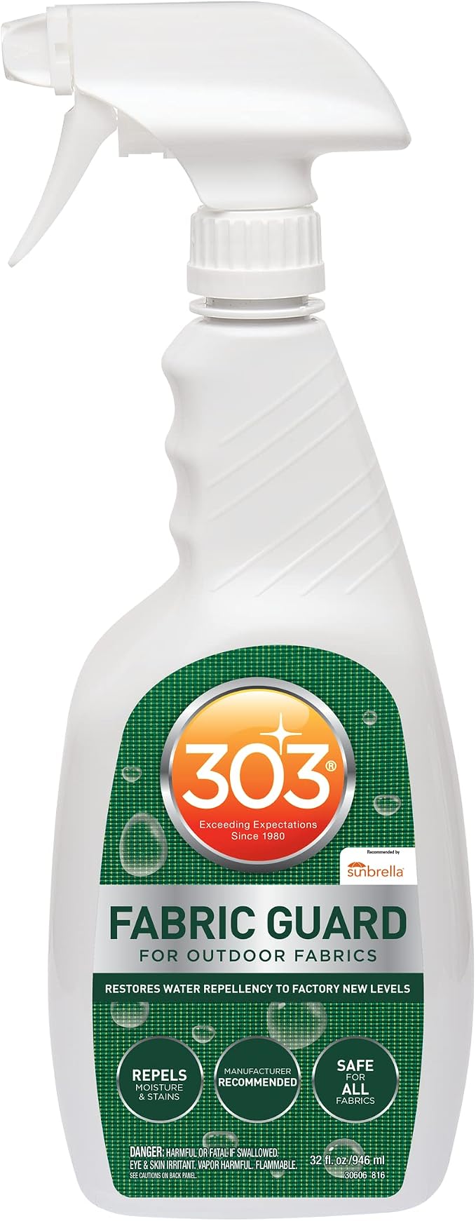 303 (30606) Products Fabric Guard - For Outdoor Fabrics - Restores Water Repellency To Factory New Levels - Repels Moisture - Prevents Stains - Safe For All Fabrics, 32 fl. oz., White
