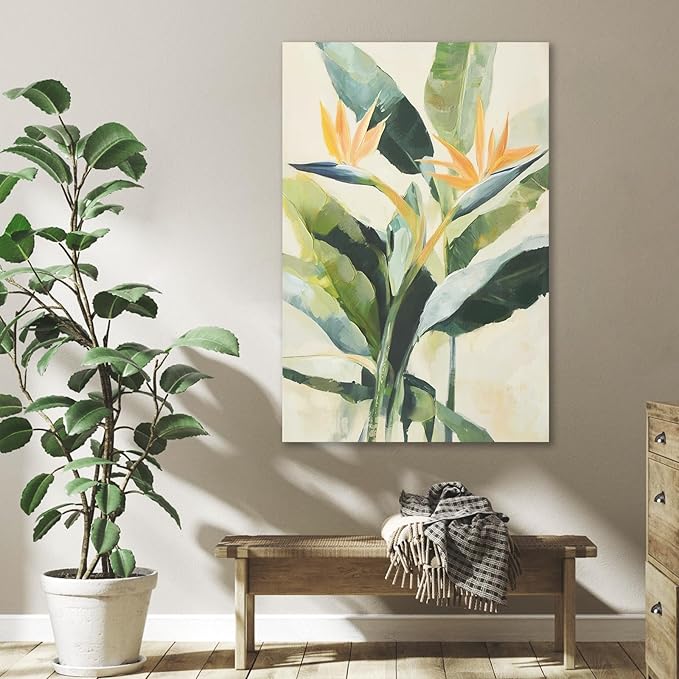 JolyWell Hand-paintd Botanical Canvas Wall Art Sage Green Leaf Tropical Plant Art Prints Boho Decor Bird of Paradise Flowers Leaf Wall Painting for Living Room Bedroom 24 x 36 IN