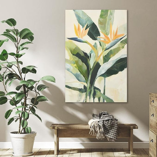 JolyWell Hand-paintd Botanical Canvas Wall Art Sage Green Leaf Tropical Plant Art Prints Boho Decor Bird of Paradise Flowers Leaf Wall Painting for Living Room Bedroom 24 x 36 IN