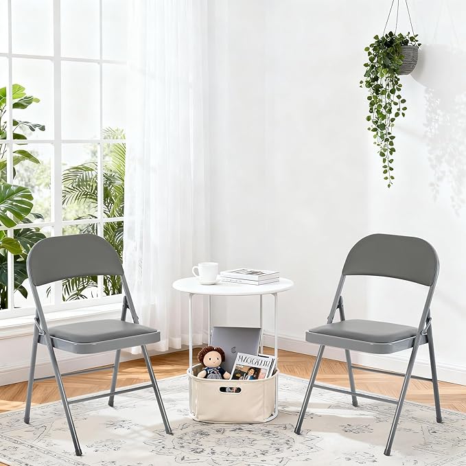 DUMOS 12 Pack Folding Chairs with Padded Cushion and Back - PU Leather Stackable Portable Dining Chairs Set, for Home and Office, Conference, Wedding, Party, Patio, Garden, for Indoor Outdoor, Grey