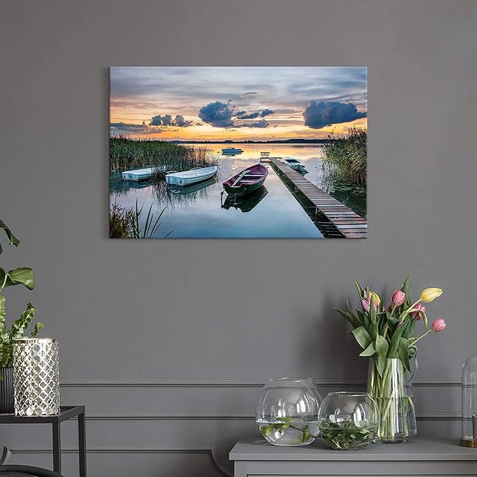 Lake Landscape Canvas Art: Modern Sunset Scene Wall Painting Natural Shore Long Pier Prints Colorful Wilderness Boat Picture Horizontal Mountain Reed Gallery Artwork for Bedroom Bathroom
