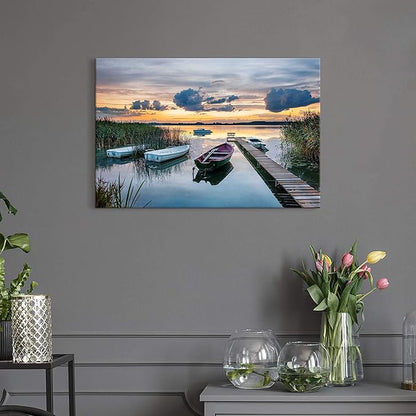 Lake Landscape Canvas Art: Modern Sunset Scene Wall Painting Natural Shore Long Pier Prints Colorful Wilderness Boat Picture Horizontal Mountain Reed Gallery Artwork for Bedroom Bathroom
