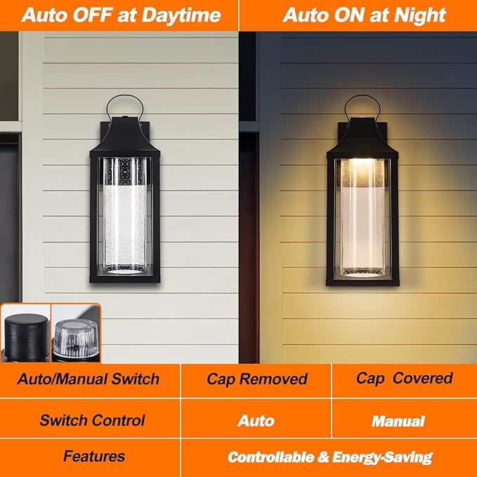 Dusk to Dawn Outdoor Led Wall Light Fixture, 15" Large Exterior Wall Lantern with Clear Seed Glass, Modern Wall Mounted Sconce Waterproof, Outside Porch Lamp for House Patio Garage 13W 3000K