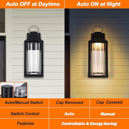 Dusk to Dawn Outdoor Led Wall Light Fixture, 15" Large Exterior Wall Lantern with Clear Seed Glass, Modern Wall Mounted Sconce Waterproof, Outside Porch Lamp for House Patio Garage 13W 3000K