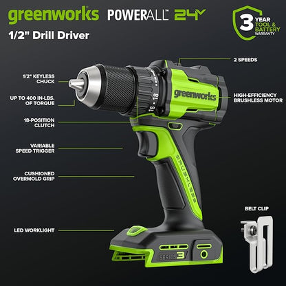 GREENWORKS 24V 1/2” Brushless Cordless Drill (400 In-lbs.) + 6.5” Circular Saw (4,800 RPM), (2) 2.0Ah (12,000mAh Power Bank) USB-C Batteries, Braided Cable, 65W Rapid Charger