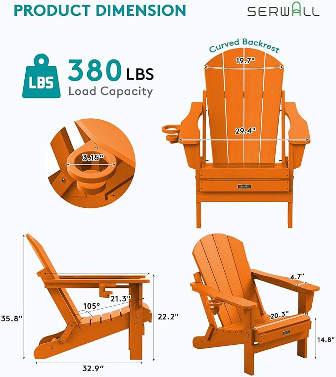 SERWALL Folding Adirondack Chair Set of 4, Weather Resistant HIPS Patio Chairs with Cup Holder for Patio Garden Outdoors Fire Pit Chairs- Orange