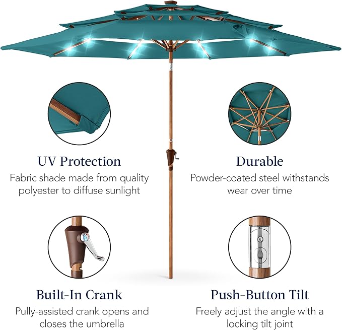 Best Choice Products 10ft 3-Tier Solar Patio Market Umbrella, Outdoor Sun Shade for Backyard, Deck, Poolside, Table w/Woodgrain Pattern, LED Lights, Tilt Adjustment - Cerulean