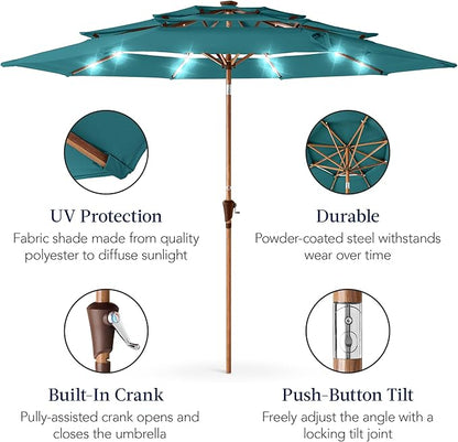 Best Choice Products 10ft 3-Tier Solar Patio Market Umbrella, Outdoor Sun Shade for Backyard, Deck, Poolside, Table w/Woodgrain Pattern, LED Lights, Tilt Adjustment - Cerulean