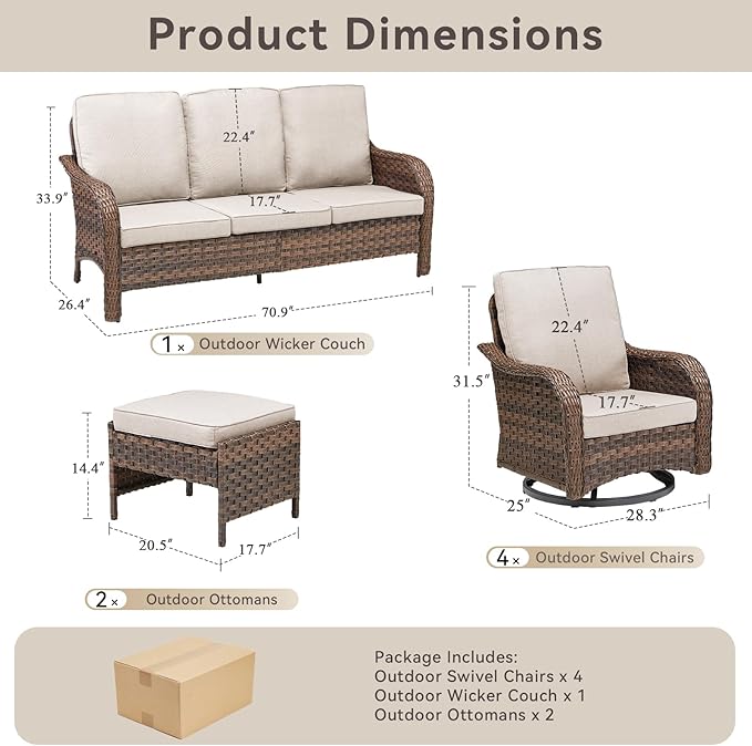 Patio Wicker Chairs Swivel Rocker Outdoor Rocking Chairs Set of 7 Rattan Furniture Set with Thick Cushion, Sofa, Ottomans for Balcony Deck Backyard, Beige